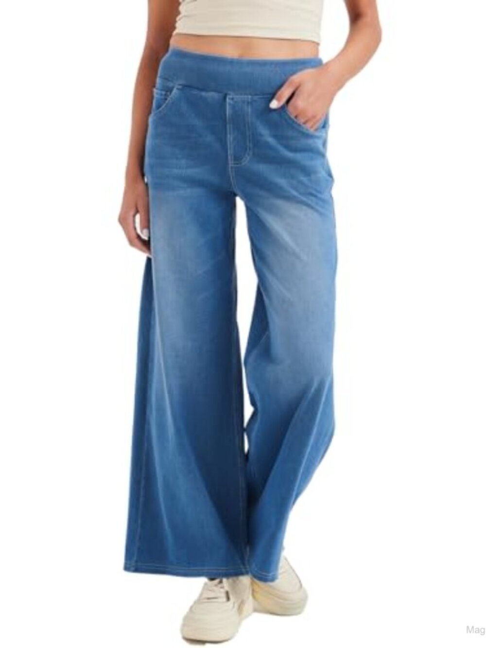 Buttery Soft 4-Way Stretch Wide Leg Pull On Jeans High Waist Flared Denim Pants